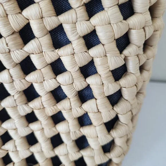 Vintage Raffia Woven Handbag Denim Lining Bamboo Handles - Picture 7 of 10